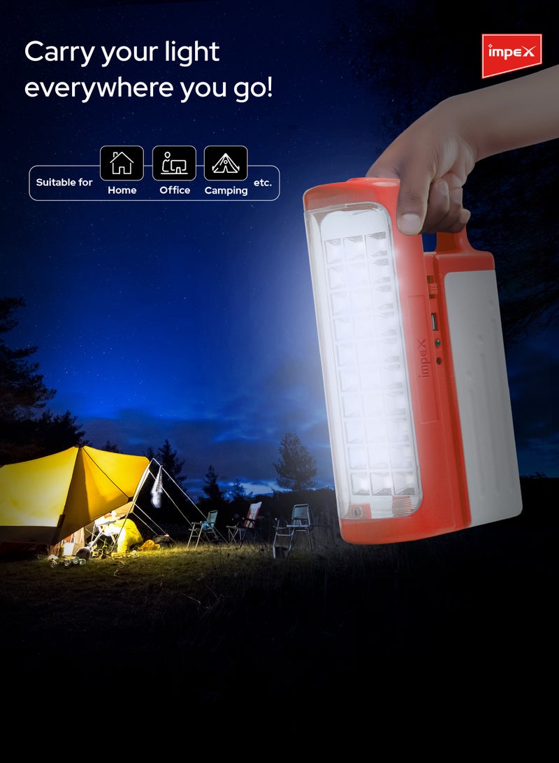 Impex Rechargeable LED Emergency Lantern / Emergency Light | 30 SMD LEDs | 550 Lumens | 4V 3000mAh Battery | 3 Light Modes | 80-Hour Runtime | Power Bank | Solar Charging | 3D Reflector | Unbreakable Glass | IL 698 - Red - Image 3