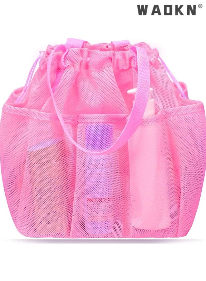 WAOKN Mesh Shower Caddy Portable with Drawstring, Dorm Room Essentials for College Students Girls, Large Shower Bag for Camping,Swimming,Gym,Travel,Bathroom,Mesh breathable travel storage bag,25*25*28cm,Pink. - Image 1