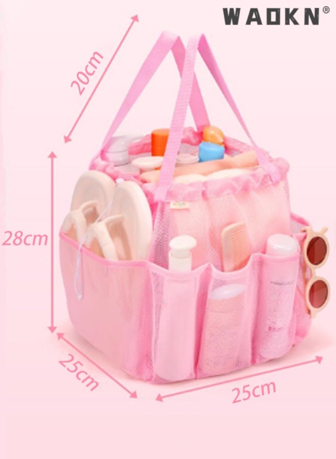 WAOKN Mesh Shower Caddy Portable with Drawstring, Dorm Room Essentials for College Students Girls, Large Shower Bag for Camping,Swimming,Gym,Travel,Bathroom,Mesh breathable travel storage bag,25*25*28cm,Pink. - Image 2
