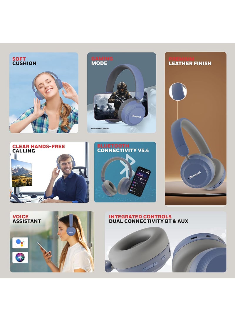 Honeywell New Launched Moxie V20 Bluetooth v5.4 On-Ear Headphones with Mic, ENC, 25H Playback, Deep Bass, IPX4, Aux, Stereo Sound, 40ms low latency Gaming Mode, Padded Cushion Blue - Image 3