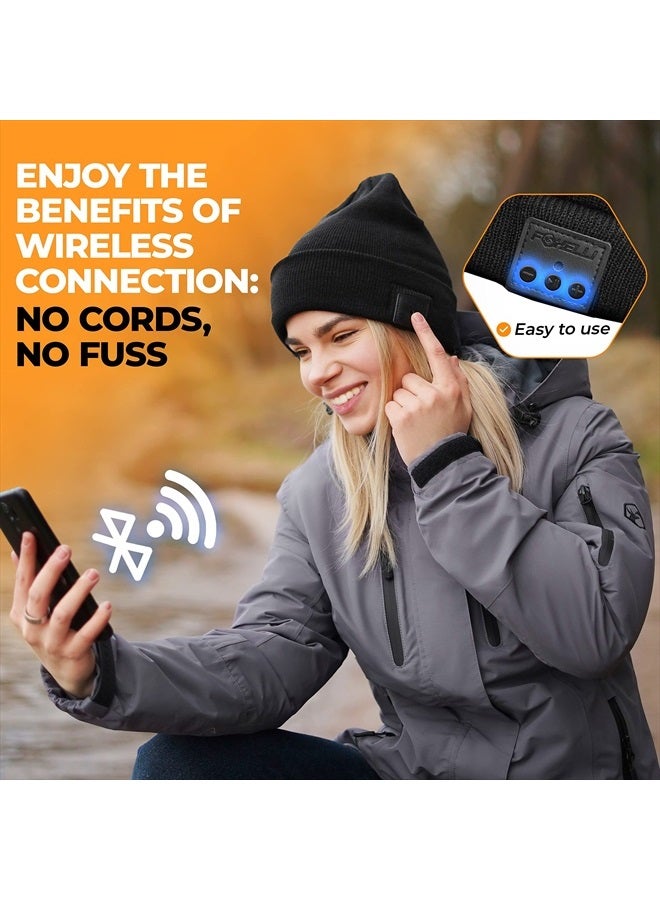 Foxelli Bluetooth Beanie – Wireless Beanie Hat with Headphones for Men & Women Black - Image 3