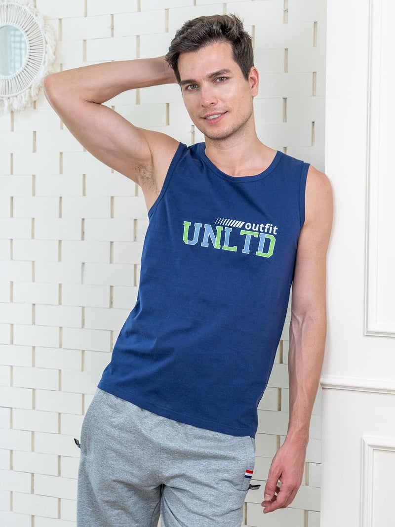 Lux Cozi Airforce Blue Printed Cotton Round Neck Gym Tank Top for Men (Size: XX-Large) - Image 2
