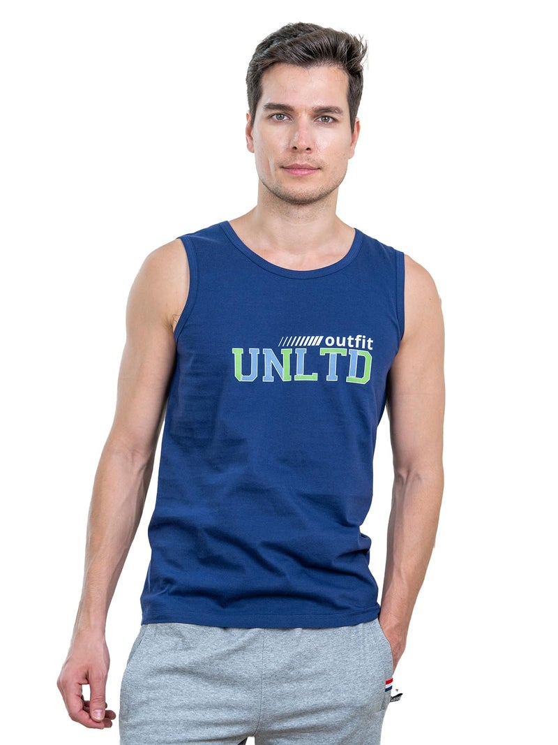 Lux Cozi Airforce Blue Printed Cotton Round Neck Gym Tank Top for Men (Size: XX-Large) - Image 1