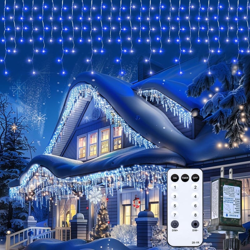 Brightown Icicle Outdoor Christmas Lights 40Ft 432 LED With 81 Drops Dimmable Twinkle Fairy With Remote and Timer for House Holiday Decorations Blue and White - Image 1