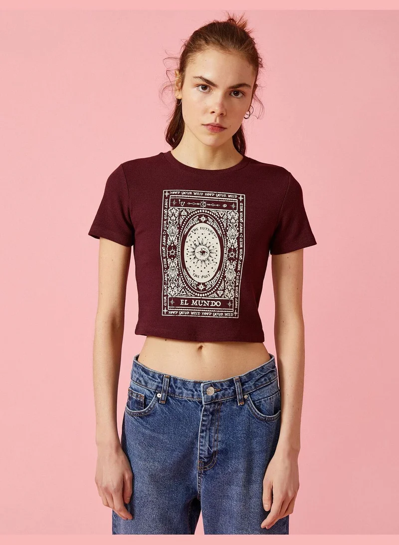 KOTON Crop T-Shirt Short Sleeve Crew Neck Printed