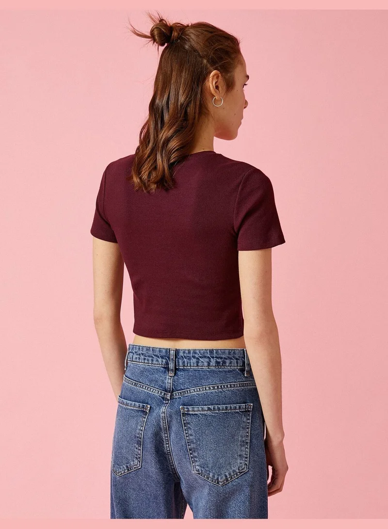 KOTON Crop T-Shirt Short Sleeve Crew Neck Printed