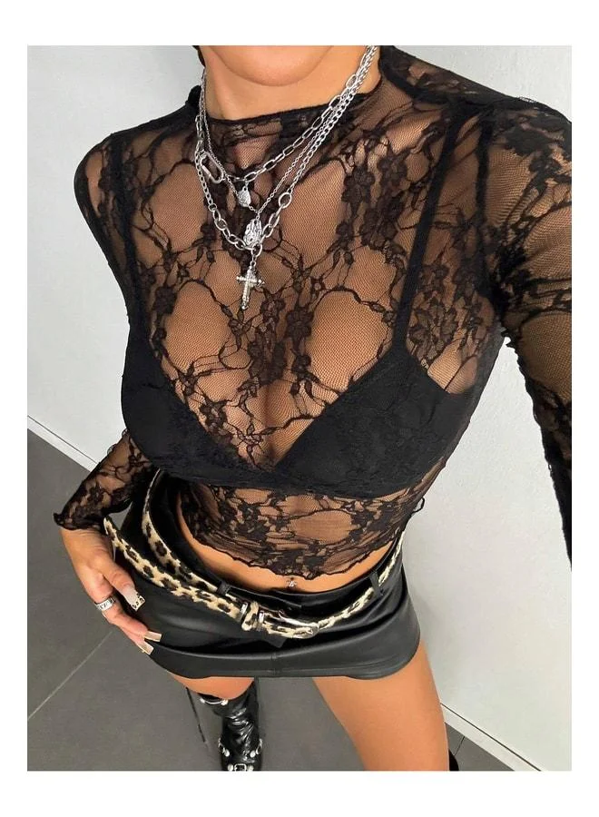 VEILLE Women's Black Trend Transparent Lace Body Blouse, Long Sleeve Body Stylish Design, Lace T‑shirt, Dress.