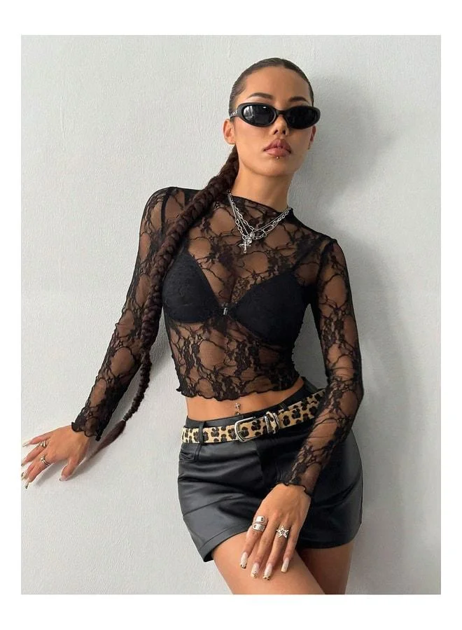 VEILLE Women's Black Trend Transparent Lace Body Blouse, Long Sleeve Body Stylish Design, Lace T‑shirt, Dress.
