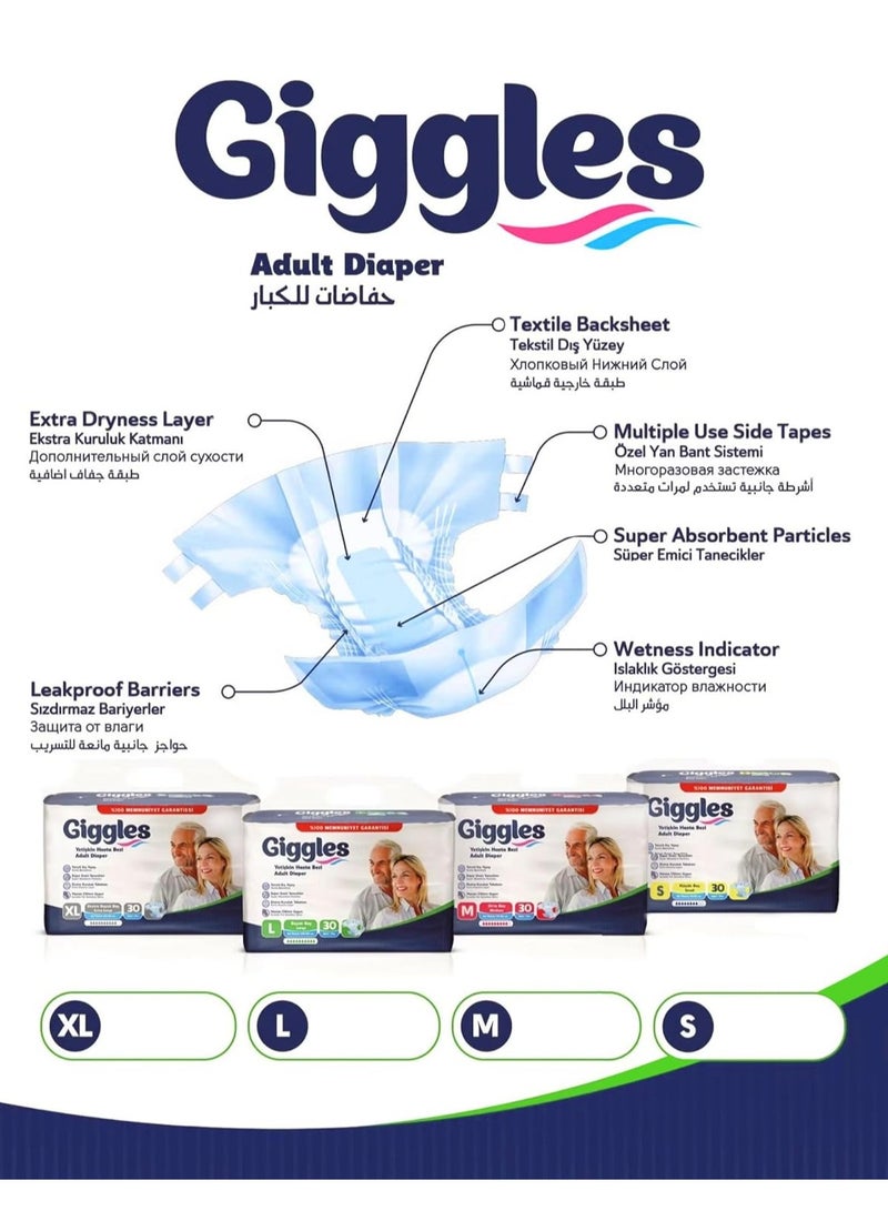 Giggles Adult Diaper, XL (Extra Large) Size, 30 Count Turkish Made Diaper with Extra Dryness Layer and Wetness Indicator - Image 3