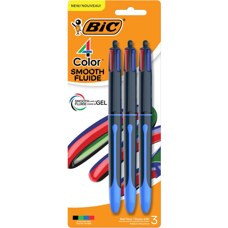 BIC 4 Color Smooth Retractable Ballpoint Pen, 1.0 mm Point for Smooth Ink Flow, 3-Count Pack in Assorted Ink Colors - Image 1