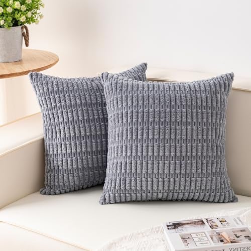 Aegero Pack of 2 Corduroy Decorative Throw Pillow Covers 18x18 InchSoft Boho Striped Pillow Covers Modern Farmhouse Home Decor for Sofa Living Room Couch BedLight Grey - Image 1