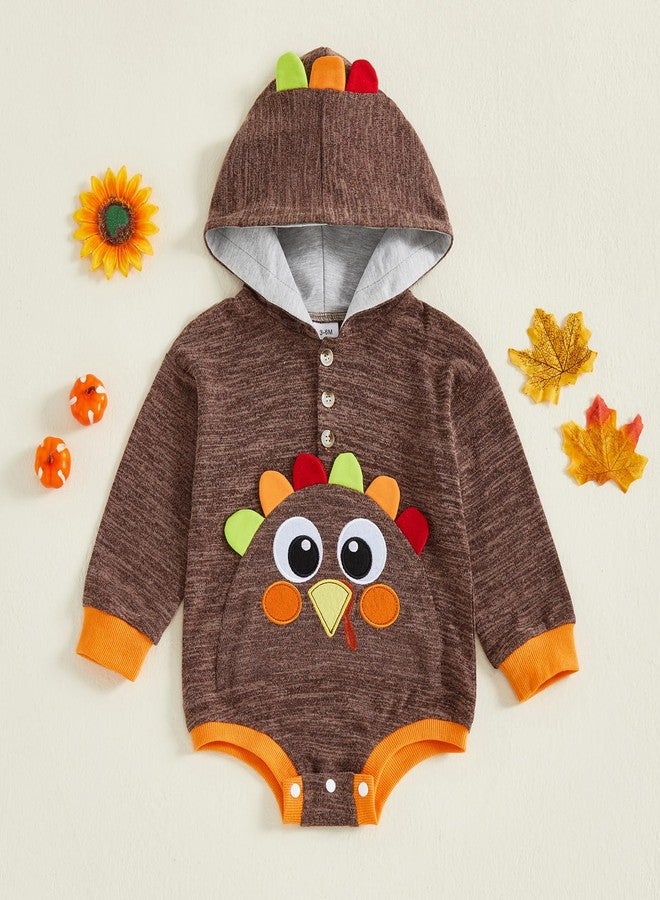 Socutebabe Toddler Baby Thanksgiving Outfit Turkey Long Sleeve Sweatshirt My First Thanksgiving Boy Outfit Fall Hoodie Clothes (ROMPER-Coffee, 0-3 Months) - Image 4