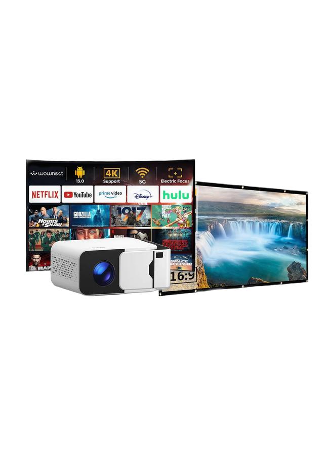 T5 Mini Smart 4K Projector | 200" Screen, Android 13.0, Electric Focus,180 ANSI (4500 Lumens) Native 1080P FHD Support, WiFi 6 And Bluetooth 5.4 | for Home And Travel T5 Mini Projector White & 100 Inch Projector Screen 16:9 Foldable 4K Full HD Projection Screen Anti-Crease Portable Projector Movies Screen for Indoor And Outdoor Support Double Sided Projection UNV-WO-SCR-03 White Bundle