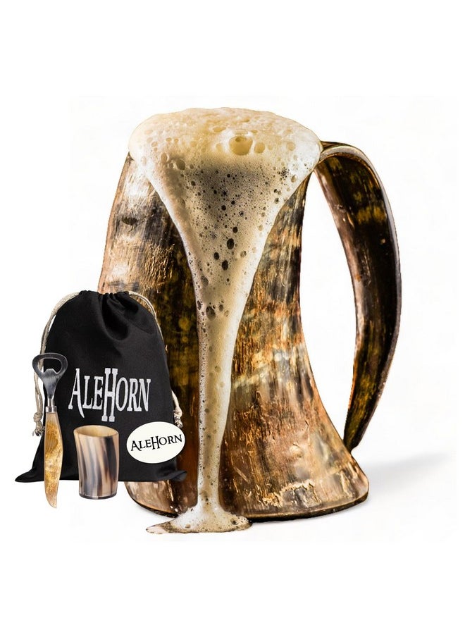 AleHorn - AleHorn Viking Horn Mug, Shot Glass and Bottle Opener Bundle | Viking Drinking Horn Set | Viking Horn Cup, Viking Mug Gift Ideas For Him - Viking Drinking Horn Mug Set for Beer, Ale or Mead - 16 oz - Image 1