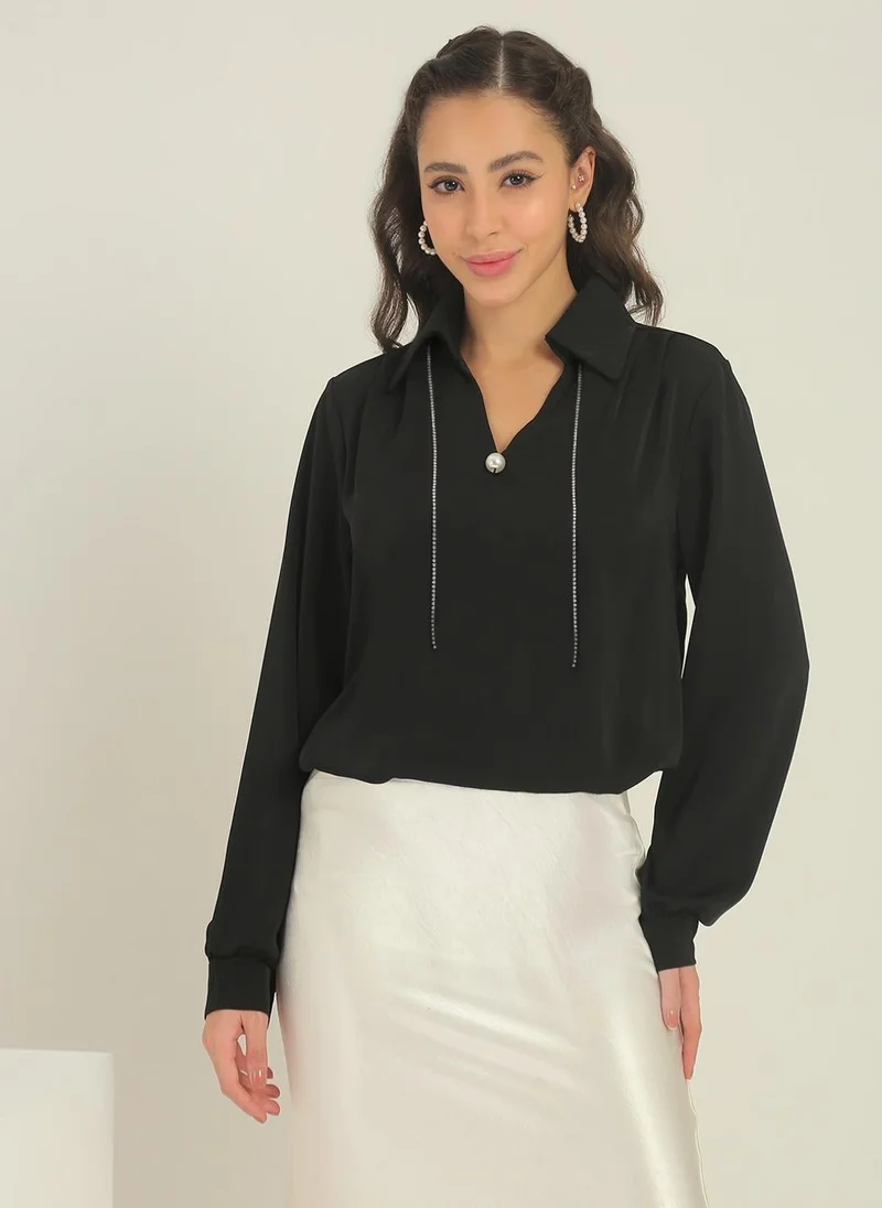 globus Globus Women Black Collared Neck Cuffed Sleeves Pearl Details Party Shirt Style Top