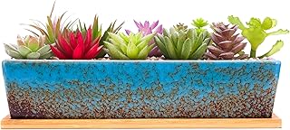 ARTKETTY ARTKETTY Succulent Pots - 12.1 Inch Large Succulent Planters Pots with Drainage Tray, Long Rectangle Ceramic Pots for  - Image 1
