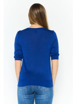 DKNY Women Crew Neck Short Sleeve Textured Sweater,Blue  - Image 3