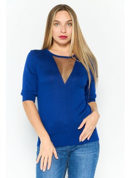 DKNY Women Crew Neck Short Sleeve Textured Sweater,Blue  - Image 1
