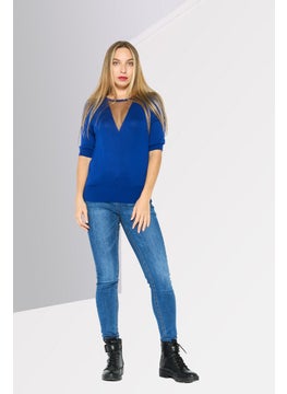 DKNY Women Crew Neck Short Sleeve Textured Sweater,Blue  - Image 4