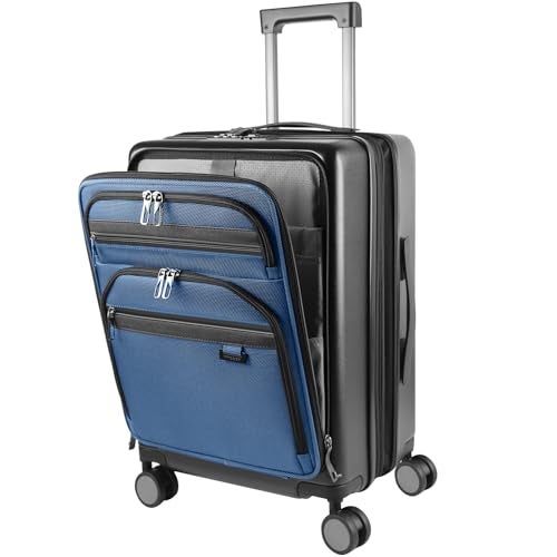 KROSER Hardside Expandable Carry On Luggage 22x14x9 Airline Approved With Front Business Pockets, 20 Inch Suitcases with Wheels, Carry on Suitcase with TSA Lock & USB Port, Black-Haze Blue - Image 1