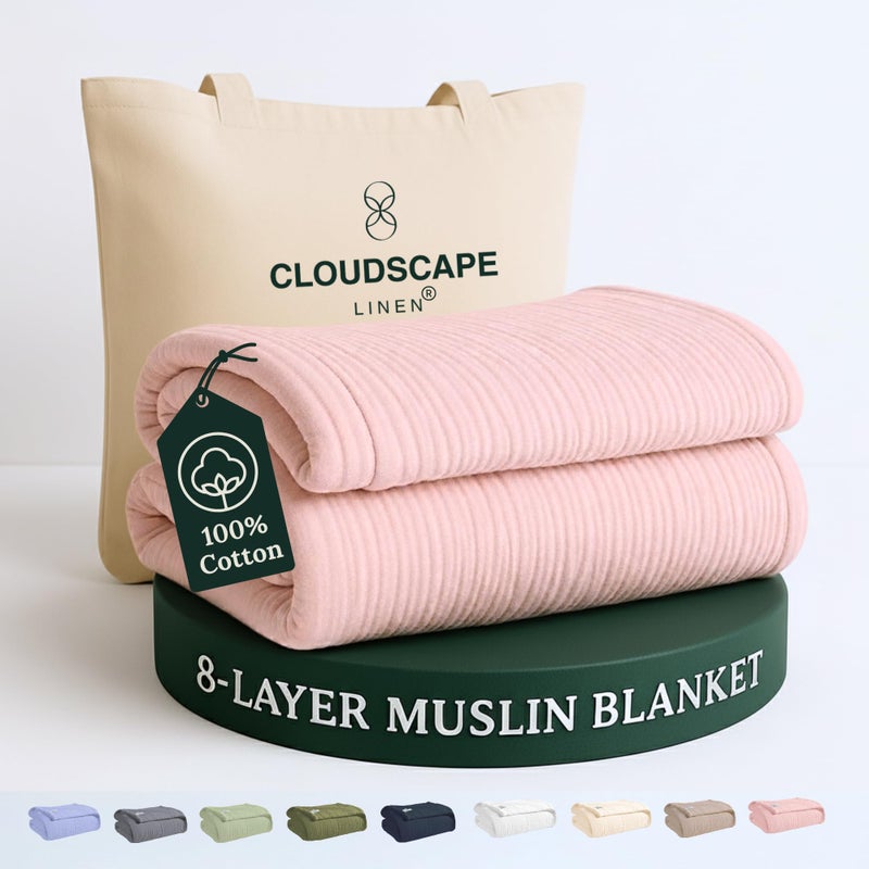Cloud Scape Linen 8Layer Muslin Blanket King Size for Adult  100 Cotton Breathable and Soft Perfect Winter Cozy Blanket Fits up to California King Bed 92x108 Seashell Pink