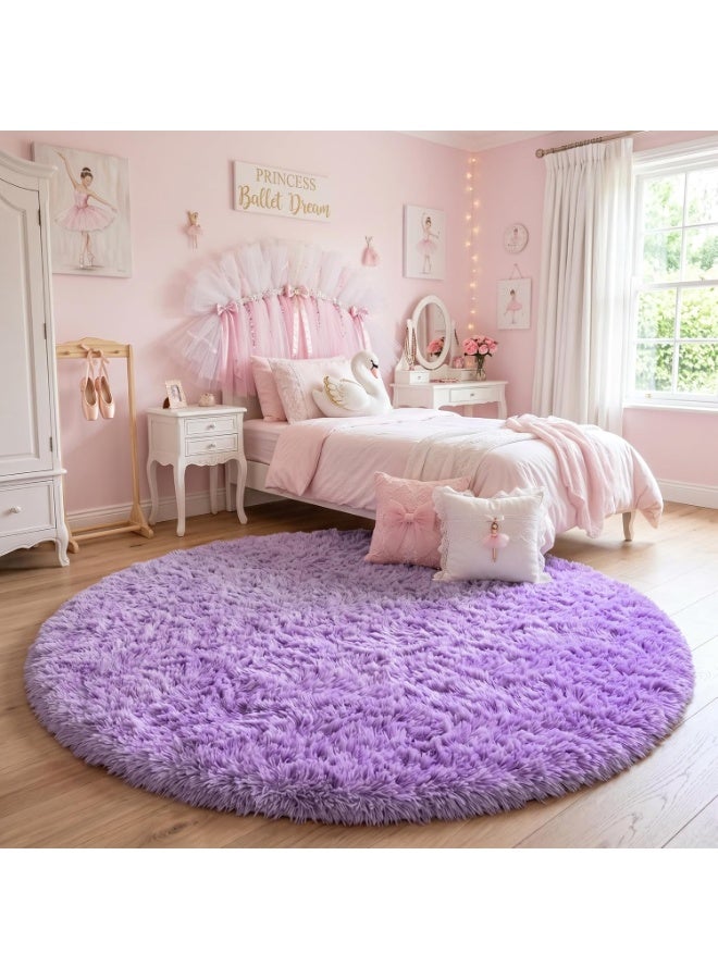 Purple Round Fluffy Shaggy Area Rug 4'x4' for Bedroom, Kids Room, Nursery, Dorm - Image 2