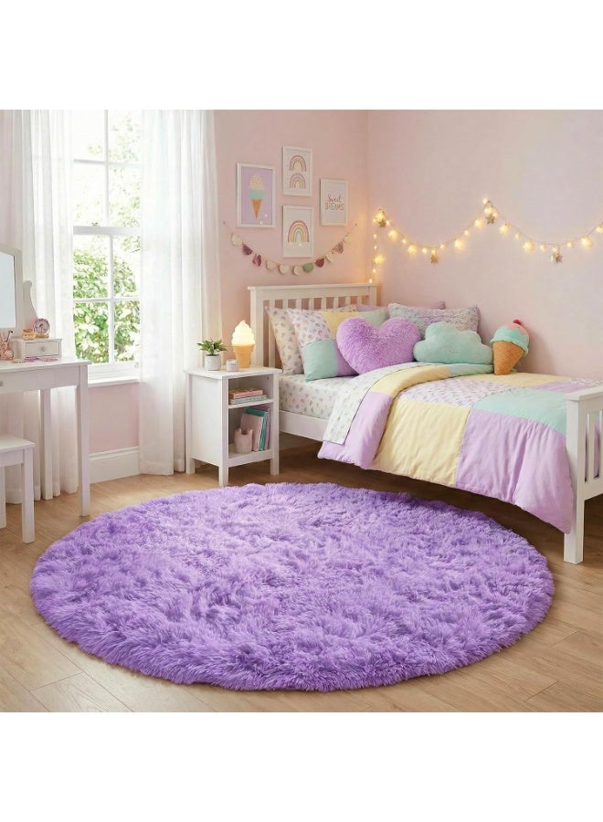 Purple Round Fluffy Shaggy Area Rug 4'x4' for Bedroom, Kids Room, Nursery, Dorm - Image 5