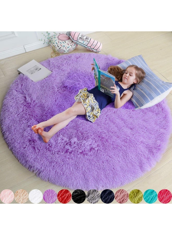 Purple Round Fluffy Shaggy Area Rug 4'x4' for Bedroom, Kids Room, Nursery, Dorm - Image 1