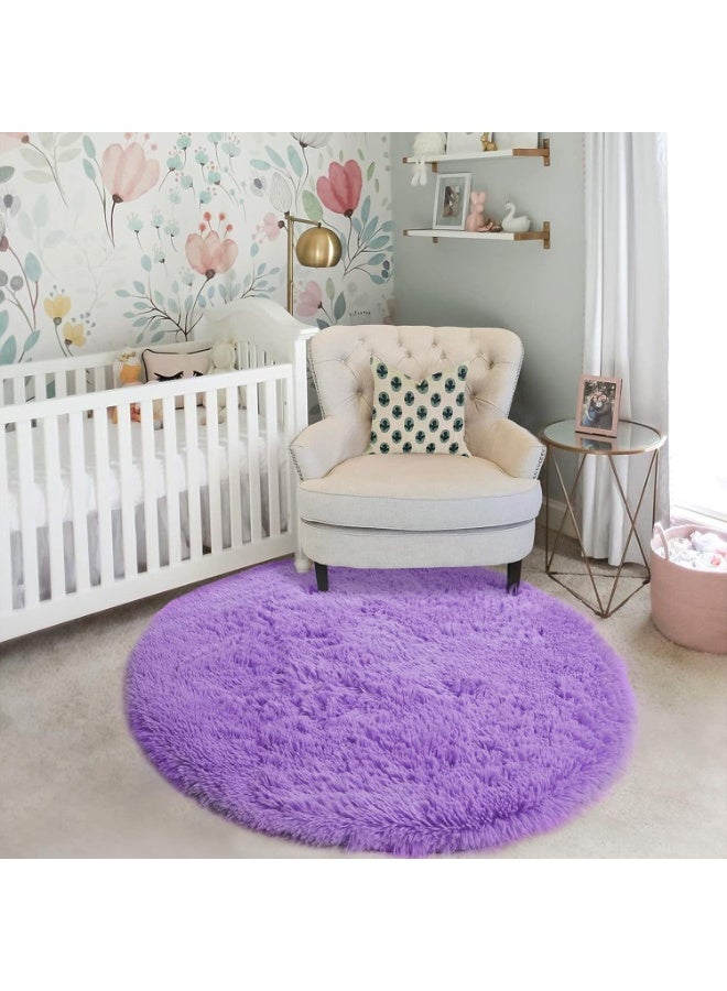 Purple Round Fluffy Shaggy Area Rug 4'x4' for Bedroom, Kids Room, Nursery, Dorm - Image 3