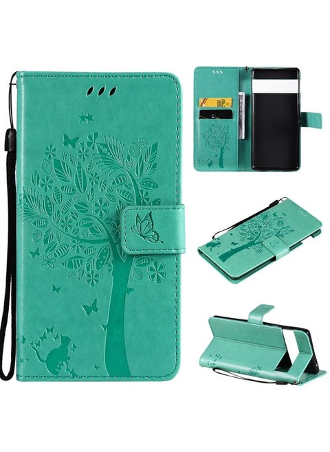 Case Cover For For Google Pixel 6 Pro Tree & Cat Embossed Pattern Horizontal Flip Leather Case with Holder & Card Slots & Wallet & Lanyard(Green)