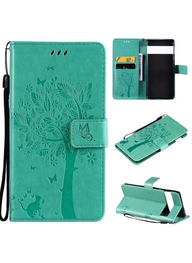 Case Cover For For Google Pixel 6 Pro Tree & Cat Embossed Pattern Horizontal Flip Leather Case with Holder & Card Slots & Wallet & Lanyard(Green)