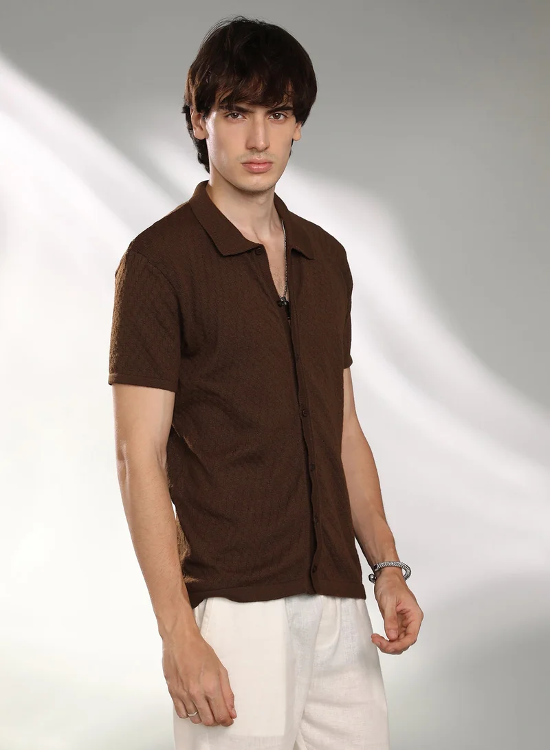 CAHOOT  Men's Taupe Brown Rhombus-Textured Knit Shirt For Casual Wear | Polo Neck | Short Sleeve | Button Closure | Shirt Crafted With Comfort Fit For Everyday Wear for Men | Best Price UAE