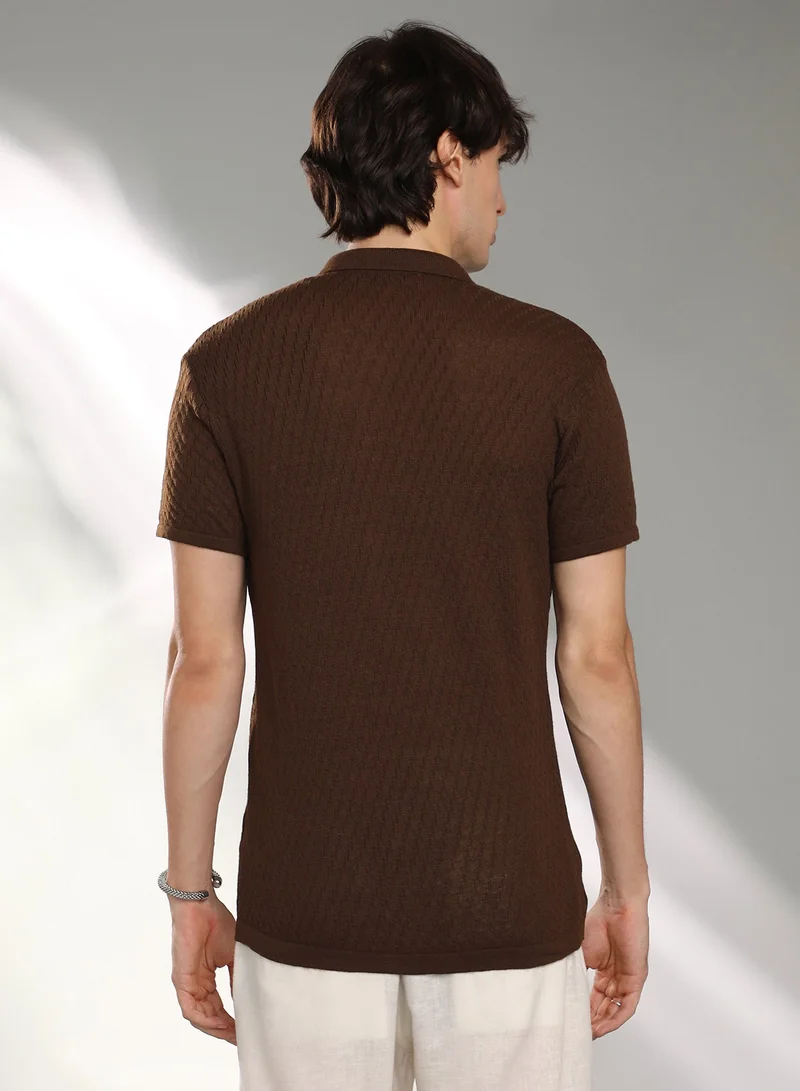 CAHOOT  Men's Taupe Brown Rhombus-Textured Knit Shirt For Casual Wear | Polo Neck | Short Sleeve | Button Closure | Shirt Crafted With Comfort Fit For Everyday Wear for Men | Best Price UAE
