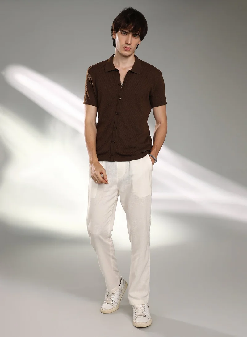 CAHOOT  Men's Taupe Brown Rhombus-Textured Knit Shirt For Casual Wear | Polo Neck | Short Sleeve | Button Closure | Shirt Crafted With Comfort Fit For Everyday Wear for Men | Best Price UAE