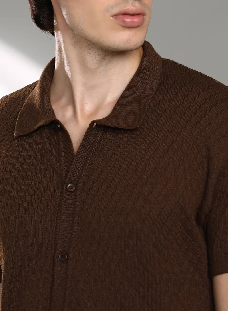 CAHOOT  Men's Taupe Brown Rhombus-Textured Knit Shirt For Casual Wear | Polo Neck | Short Sleeve | Button Closure | Shirt Crafted With Comfort Fit For Everyday Wear for Men | Best Price UAE