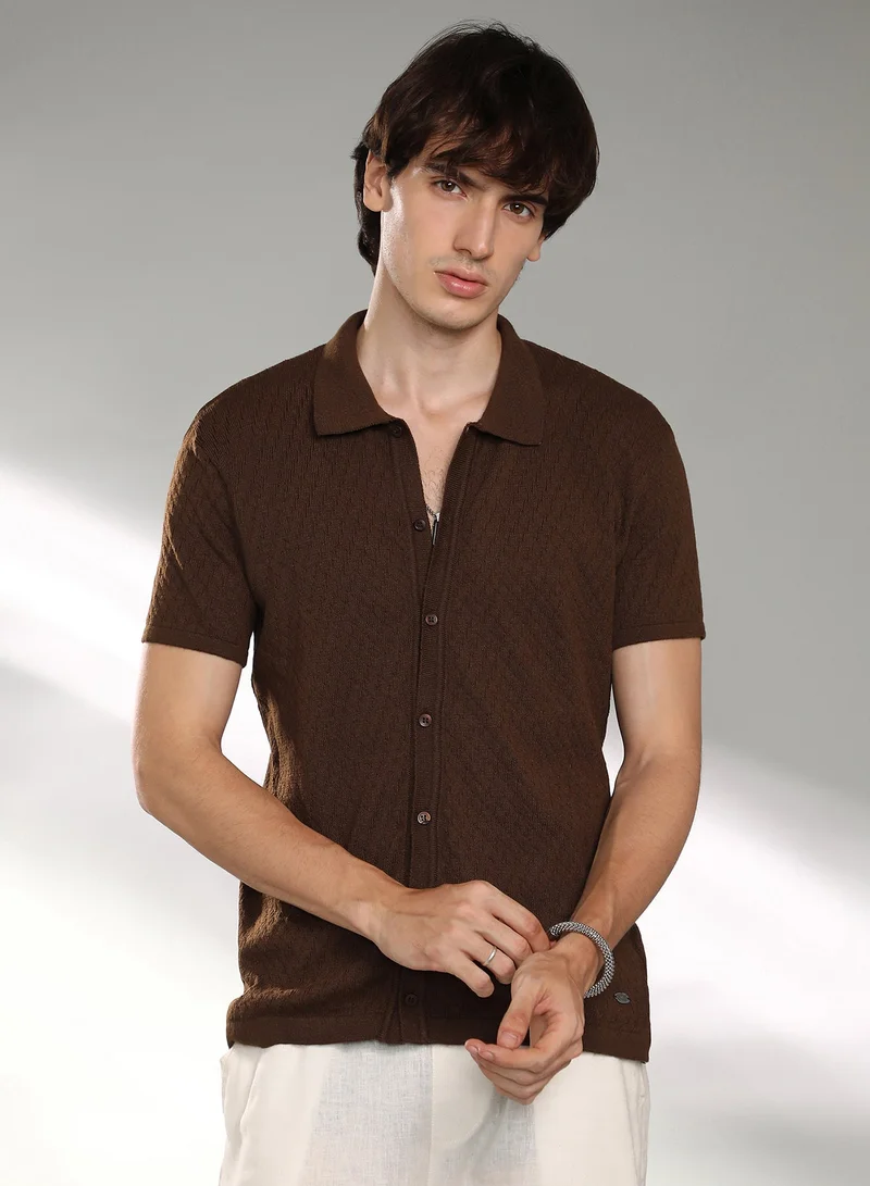 Men's Taupe Brown Rhombus-Textured Knit Shirt For Casual Wear | Polo Neck | Short Sleeve | Button Closure | Shirt Crafted With Comfort Fit For Everyday Wear