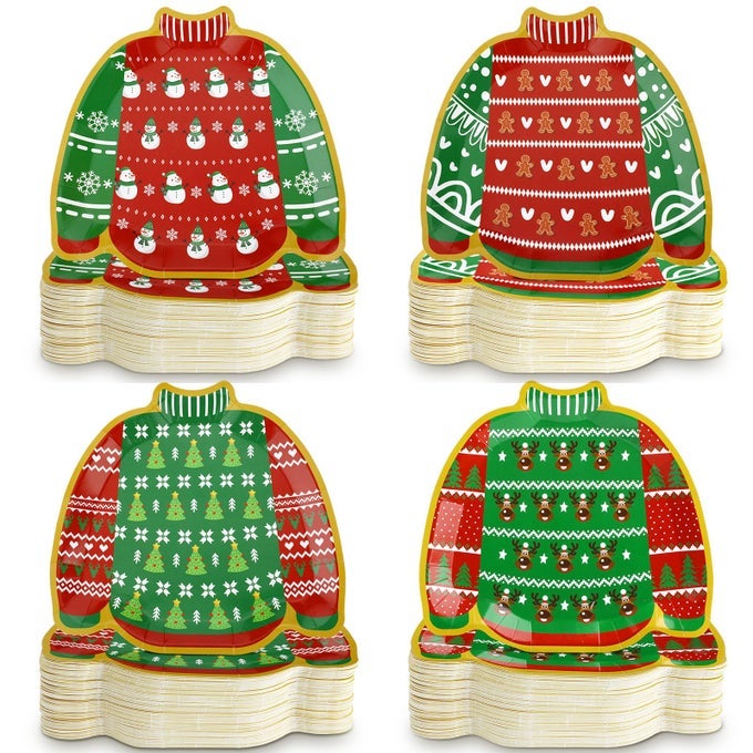100 PCS CHRISTMAS UGLY SWEATER PAPER PLATES XMAS DISPOSABLE PLATES BULK WITH TREE GINGERBREAD SNOWMAN REINDEER HOLIDAY TABLEWARE SUPPLIES FOR UGLY SWEATER PARTY PIZZA DESSERT COOKIES SALAD