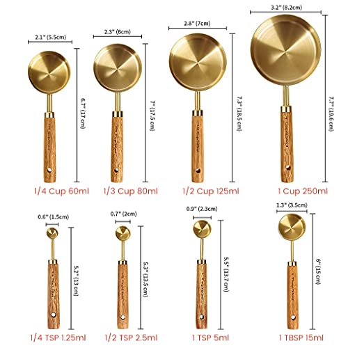 Supvox® Measuring Cups and Spoons with Wood Handle Set of 8, Stainless Steel, Golden Polished Finish, Baking Tools, Dry & Liquid Measuring Cup for Cooking - Image 2