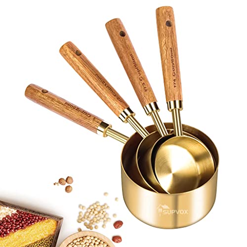 Supvox® Measuring Cups and Spoons with Wood Handle Set of 8, Stainless Steel, Golden Polished Finish, Baking Tools, Dry & Liquid Measuring Cup for Cooking - Image 5