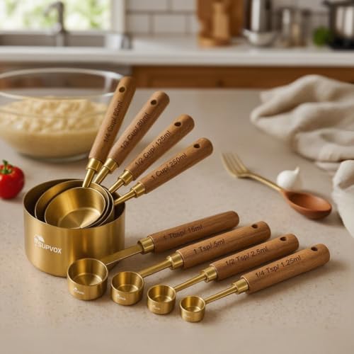Supvox® Measuring Cups and Spoons with Wood Handle Set of 8, Stainless Steel, Golden Polished Finish, Baking Tools, Dry & Liquid Measuring Cup for Cooking - Image 1