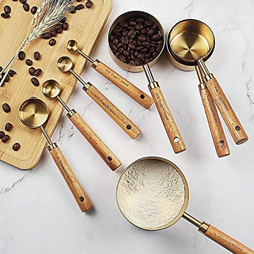 Supvox® Measuring Cups and Spoons with Wood Handle Set of 8, Stainless Steel, Golden Polished Finish, Baking Tools, Dry & Liquid Measuring Cup for Cooking - Image 3