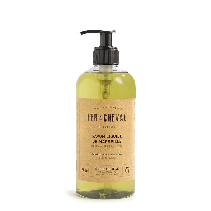 Fer A Cheval Olive Marseille Liquid Soap 500ml - Organic Olive Oil, Hypoallergenic, Dermatologically Tested - Authentic French Luxury for Skin Revitalization and Natural Glow