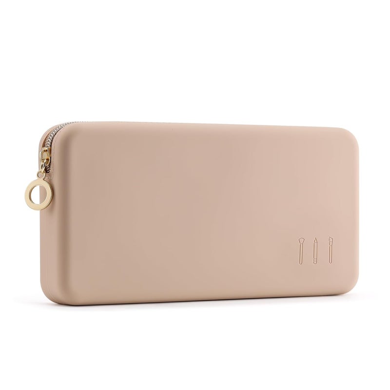 FVION Zipper Makeup Brushes Bag For Travel, Large Silicone Makeup Brush Holder, Make Up Brushes Pouch Case for Makeup Tools - Khaki - Image 1
