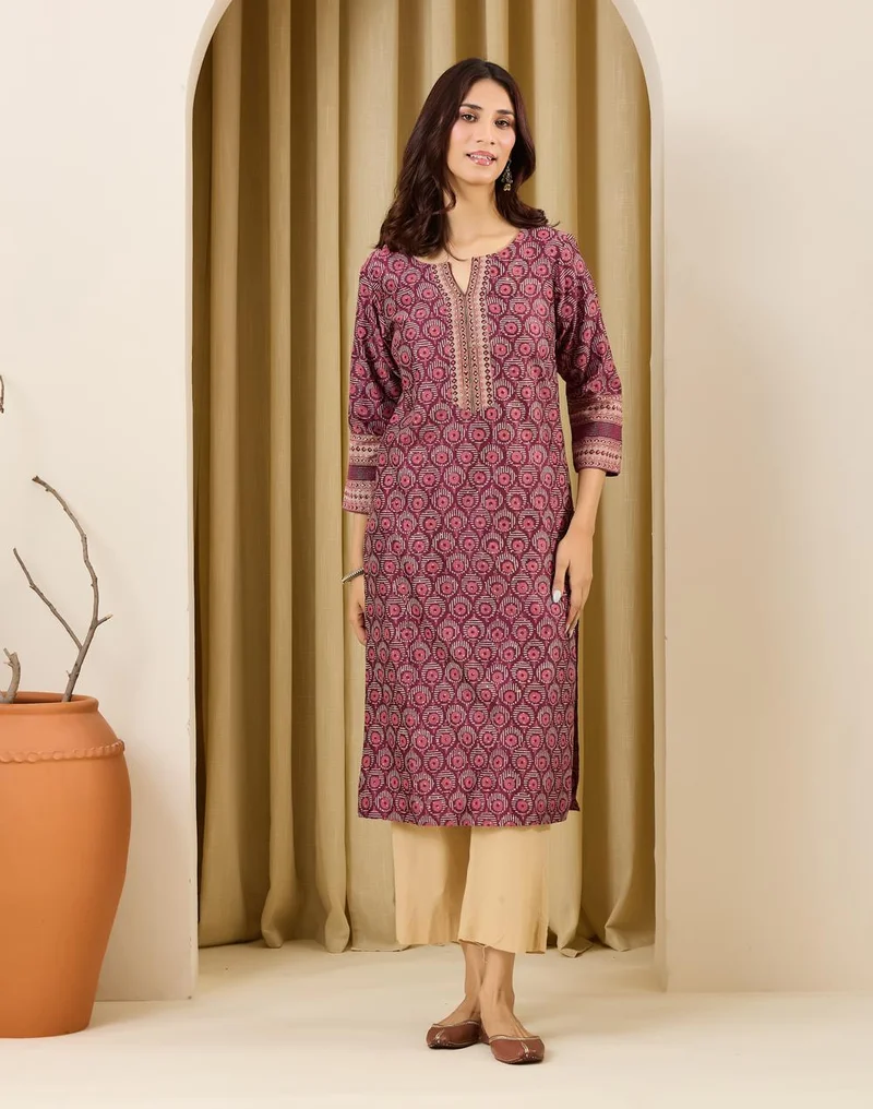 فاب انديا Wine Cotton Silk Hand Block Printed Long Kurta