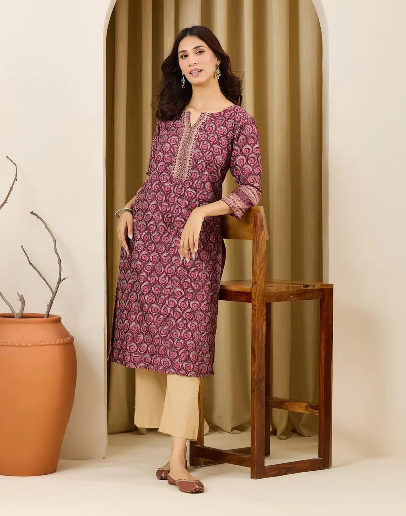 فاب انديا Wine Cotton Silk Hand Block Printed Long Kurta