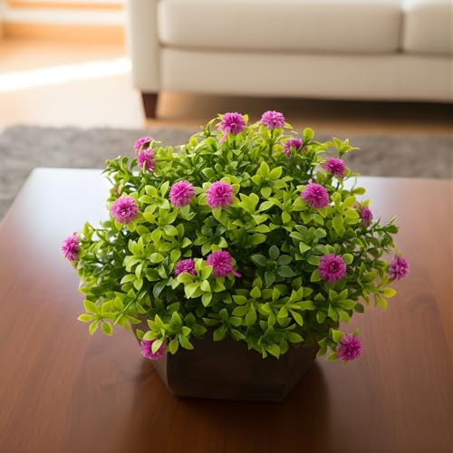 fancymart Artificial Flower Leaves in Wood Hexagon Pot - Purple - 14cm Height - Home & Office Decor Elegant Potted Plant for Tabletop Enhancement - Image 1