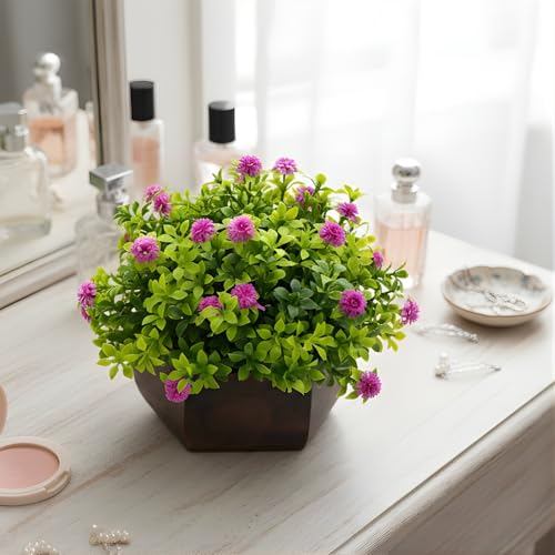 fancymart Artificial Flower Leaves in Wood Hexagon Pot - Purple - 14cm Height - Home & Office Decor Elegant Potted Plant for Tabletop Enhancement - Image 2