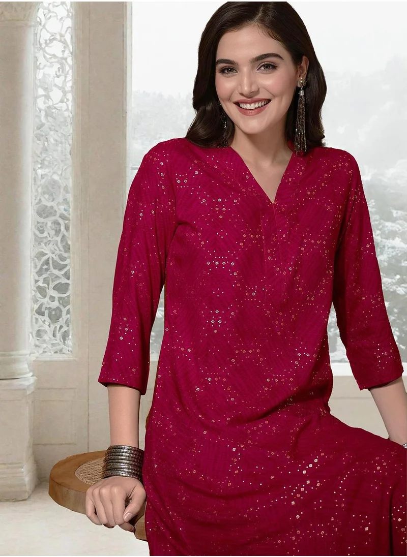 آي شين Women's Pink Rayon Printed Tunic Full Length Palazzo Straight Fit Kurta Set
