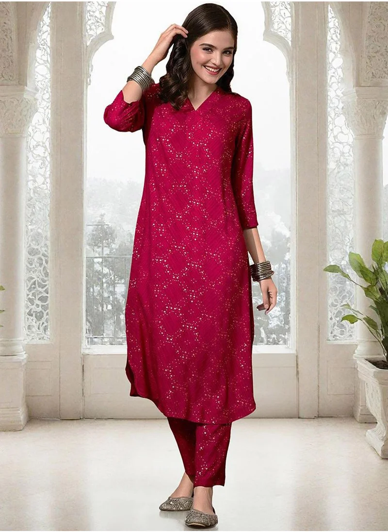 آي شين Women's Pink Rayon Printed Tunic Full Length Palazzo Straight Fit Kurta Set