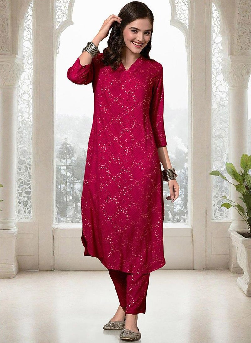 ISHIN Women's Pink Rayon Printed Tunic Full Length Palazzo Straight Fit Kurta Set  - Image 2